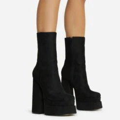 EGO Fifi Closed Square Toe Statement Platform Block Heel Ankle Biker Boot In Black Faux Suede
