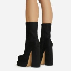 EGO Fifi Closed Square Toe Statement Platform Block Heel Ankle Biker Boot In Black Faux Suede -EGO Sales 06 10 22 fw5398 sq