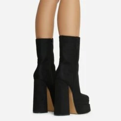 EGO Fifi Closed Square Toe Statement Platform Block Heel Ankle Biker Boot In Black Faux Suede -EGO Sales 06 10 22 fw5399 sq