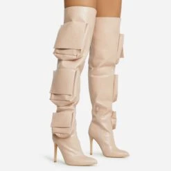 EGO Level-Up Pocket Detail Pointed Toe Stiletto Heel Over The Knee Thigh High Long Boot In Nude Croc Print Faux Leather