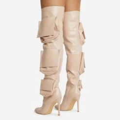 EGO Level-Up Pocket Detail Pointed Toe Stiletto Heel Over The Knee Thigh High Long Boot In Nude Croc Print Faux Leather -EGO Sales 06 10 22 fw5413 sq