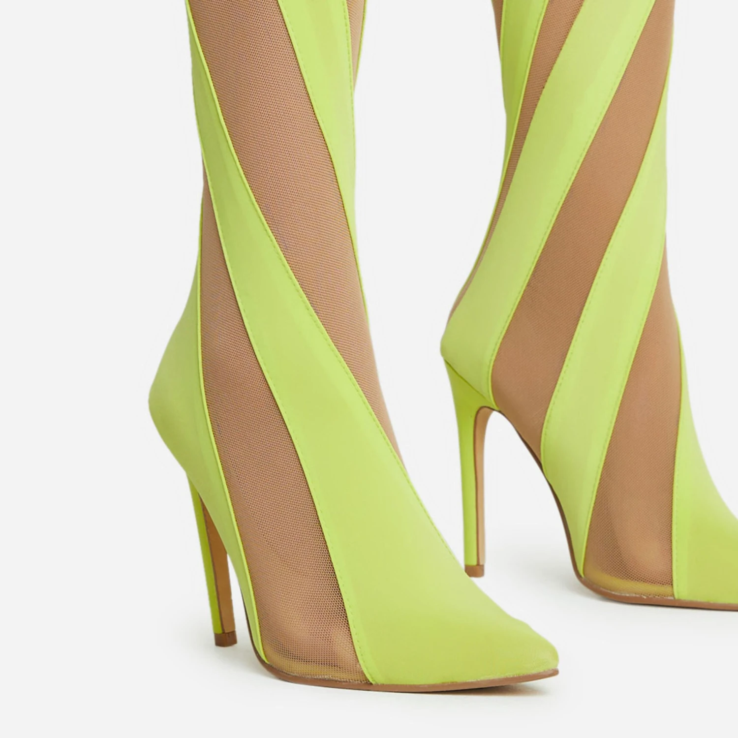 EGO Lilth Wrapped Panel Detail Pointed Toe Stiletto Heel Over The Knee Thigh High Sock Boot In Lime Mesh 4 EGO Lilth Wrapped Panel Detail Pointed Toe Stiletto Heel Over The Knee Thigh High Sock Boot In Lime Mesh - Image 2