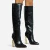 EGO Role-Play Pointed Toe Cut Out Metallic Heel Knee High Long Boot In Black Croc Print Faux Leather -EGO Sales 06 10 22 fw5463 copy