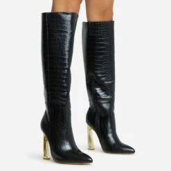 EGO Role-Play Pointed Toe Cut Out Metallic Heel Knee High Long Boot In Black Croc Print Faux Leather