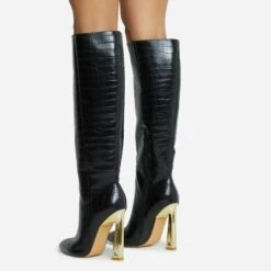 EGO Role-Play Pointed Toe Cut Out Metallic Heel Knee High Long Boot In Black Croc Print Faux Leather -EGO Sales 06 10 22 fw5466 copy