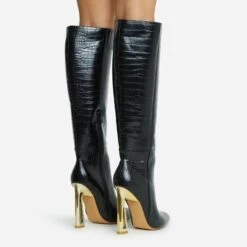EGO Role-Play Pointed Toe Cut Out Metallic Heel Knee High Long Boot In Black Croc Print Faux Leather -EGO Sales 06 10 22 fw5467 copy