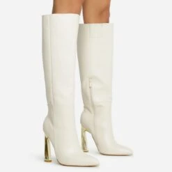 EGO Role-Play Pointed Toe Cut Out Metallic Heel Knee High Long Boot In Cream Croc Print Faux Leather
