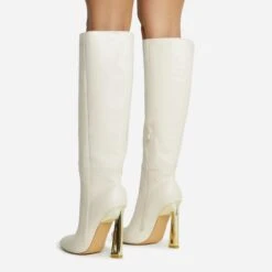EGO Role-Play Pointed Toe Cut Out Metallic Heel Knee High Long Boot In Cream Croc Print Faux Leather -EGO Sales 06 10 22 fw5476 copy