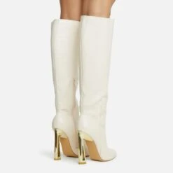 EGO Role-Play Pointed Toe Cut Out Metallic Heel Knee High Long Boot In Cream Croc Print Faux Leather -EGO Sales 06 10 22 fw5477 copy