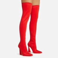 EGO Masterclass Pointed Toe Statement Flared Block Heel Over The Knee Thigh High Long Boot In Red Lycra