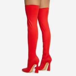 EGO Masterclass Pointed Toe Statement Flared Block Heel Over The Knee Thigh High Long Boot In Red Lycra -EGO Sales 06 10 22 fw5491 copy