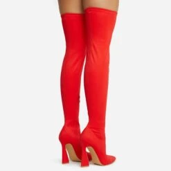 EGO Masterclass Pointed Toe Statement Flared Block Heel Over The Knee Thigh High Long Boot In Red Lycra -EGO Sales 06 10 22 fw5492 copy