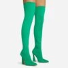EGO Masterclass Pointed Toe Statement Flared Block Heel Over The Knee Thigh High Long Boot In Green Lycra -EGO Sales 06 10 22 fw5493 copy