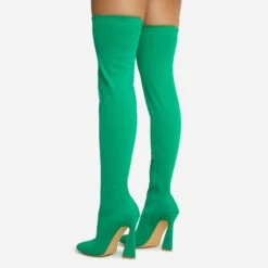 EGO Masterclass Pointed Toe Statement Flared Block Heel Over The Knee Thigh High Long Boot In Green Lycra -EGO Sales 06 10 22 fw5496 copy