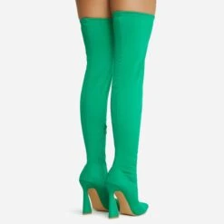 EGO Masterclass Pointed Toe Statement Flared Block Heel Over The Knee Thigh High Long Boot In Green Lycra -EGO Sales 06 10 22 fw5497 copy