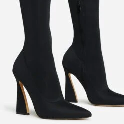 EGO Masterclass Pointed Toe Statement Flared Block Heel Over The Knee Thigh High Long Boot In Black Lycra -EGO Sales 06 10 22 fw5500 copy