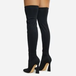 EGO Masterclass Pointed Toe Statement Flared Block Heel Over The Knee Thigh High Long Boot In Black Lycra -EGO Sales 06 10 22 fw5501 copy