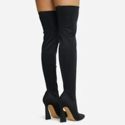 EGO Masterclass Pointed Toe Statement Flared Block Heel Over The Knee Thigh High Long Boot In Black Lycra -EGO Sales 06 10 22 fw5502 copy