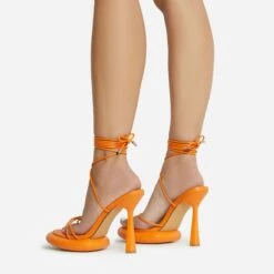 EGO Sauce Lace Up Strappy Statement Platform Heel In Orange Faux Leather -EGO Sales 06 10 22 fw5583 sq