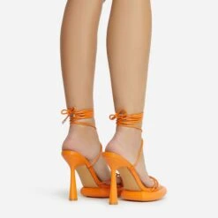 EGO Sauce Lace Up Strappy Statement Platform Heel In Orange Faux Leather -EGO Sales 06 10 22 fw5584 sq