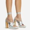EGO Ranger Lace Up Twisted Strap Detail Square Toe Platform Thin Block Heel In Silver Metallic Faux Leather -EGO Sales 06 10 22 fw5615