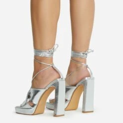 EGO Ranger Lace Up Twisted Strap Detail Square Toe Platform Thin Block Heel In Silver Metallic Faux Leather -EGO Sales 06 10 22 fw5618 copy