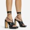 EGO Ranger Lace Up Twisted Strap Detail Square Toe Platform Thin Block Heel In Black Metallic Faux Leather -EGO Sales 06 10 22 fw5620