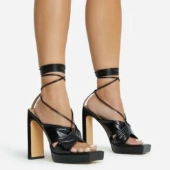 EGO Ranger Lace Up Twisted Strap Detail Square Toe Platform Thin Block Heel In Black Metallic Faux Leather