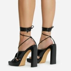 EGO Ranger Lace Up Twisted Strap Detail Square Toe Platform Thin Block Heel In Black Metallic Faux Leather -EGO Sales 06 10 22 fw5623