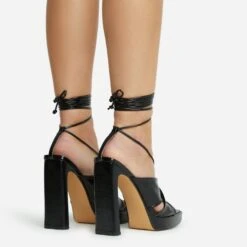 EGO Ranger Lace Up Twisted Strap Detail Square Toe Platform Thin Block Heel In Black Metallic Faux Leather -EGO Sales 06 10 22 fw5624