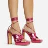 EGO Ranger Lace Up Twisted Strap Detail Square Toe Platform Thin Block Heel In Pink Metallic Faux Leather 2 EGO Ranger Lace Up Twisted Strap Detail Square Toe Platform Thin Block Heel In Pink Metallic Faux Leather -EGO Sales 06 10 22 fw5630