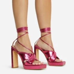 EGO Ranger Lace Up Twisted Strap Detail Square Toe Platform Thin Block Heel In Pink Metallic Faux Leather