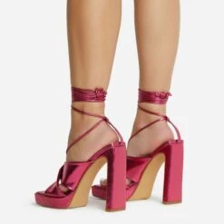 EGO Ranger Lace Up Twisted Strap Detail Square Toe Platform Thin Block Heel In Pink Metallic Faux Leather -EGO Sales 06 10 22 fw5633