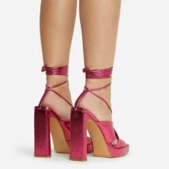 EGO Ranger Lace Up Twisted Strap Detail Square Toe Platform Thin Block Heel In Pink Metallic Faux Leather -EGO Sales 06 10 22 fw5634
