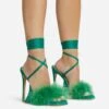 EGO Sorrenti Lace Up Fluffy Faux Feather Detail Square Toe Sculptured Platform Stiletto Heel In Green Faux Suede -EGO Sales 06 10 22 fw5635 copy