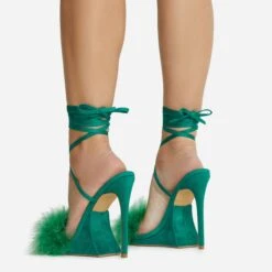 EGO Sorrenti Lace Up Fluffy Faux Feather Detail Square Toe Sculptured Platform Stiletto Heel In Green Faux Suede -EGO Sales 06 10 22 fw5638 copy