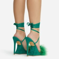 EGO Sorrenti Lace Up Fluffy Faux Feather Detail Square Toe Sculptured Platform Stiletto Heel In Green Faux Suede -EGO Sales 06 10 22 fw5639 copy