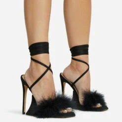 EGO Sorrenti Lace Up Fluffy Faux Feather Detail Square Toe Sculptured Platform Stiletto Heel In Black Faux Suede