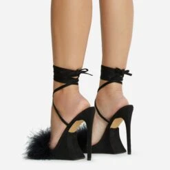 EGO Sorrenti Lace Up Fluffy Faux Feather Detail Square Toe Sculptured Platform Stiletto Heel In Black Faux Suede -EGO Sales 06 10 22 fw5643 copy