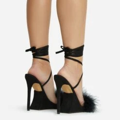 EGO Sorrenti Lace Up Fluffy Faux Feather Detail Square Toe Sculptured Platform Stiletto Heel In Black Faux Suede -EGO Sales 06 10 22 fw5644 copy