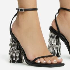 EGO Chalston Square Toe Diamante Tassel Detail Round Block Heel In Black Faux Leather -EGO Sales 06 10 22 fw5667 copy