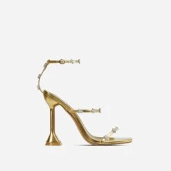 EGO Jocee Diamante Triple Strap Square Toe Statement Heel In Gold Faux Leather