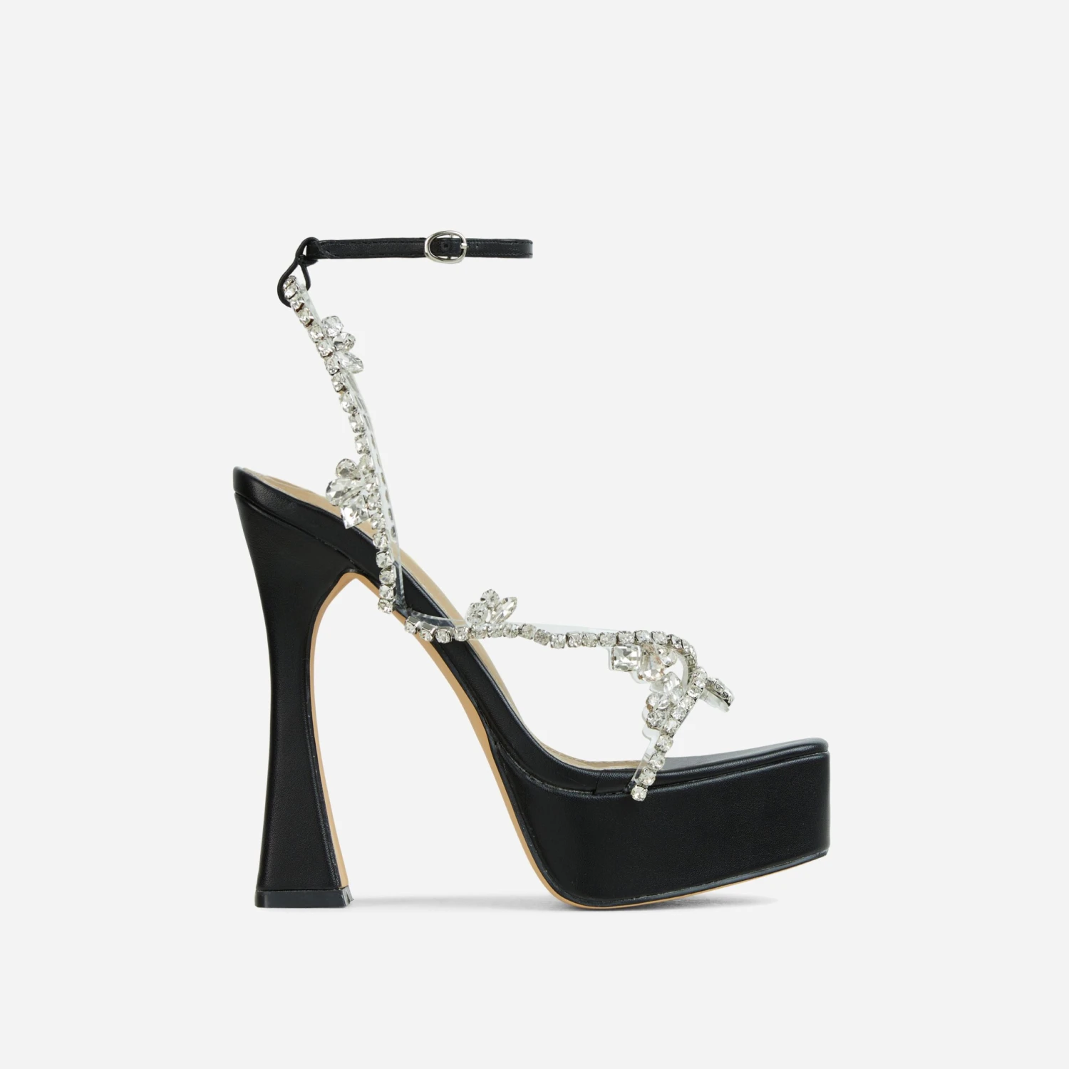 EGO Show-Ahead Clear Perspex Strap Diamante Detail Platform Flared Block Heel In Black Faux Leather 7 EGO Show-Ahead Clear Perspex Strap Diamante Detail Platform Flared Block Heel In Black Faux Leather - Image 5