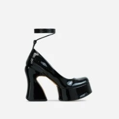 EGO Ahead-Of-The-Curve Lace Up Square Closed Toe Platform Curved Block Heel In Black Patent
