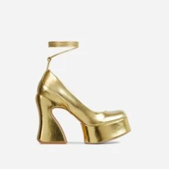 EGO Ahead-Of-The-Curve Lace Up Square Closed Toe Platform Curved Block Heel In Gold Faux Leather