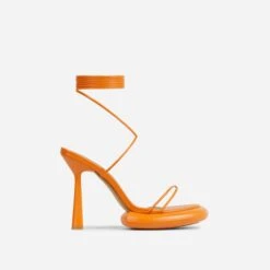 EGO Sauce Lace Up Strappy Statement Platform Heel In Orange Faux Leather -EGO Sales 06 10 22 fw5744 sq