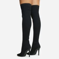 EGO Fierce Pointed Toe Stiletto Heel Over The Knee Thigh High Long Sock Boot In Black Ribbed Knit -EGO Sales 06 10 22 fw7677 copy