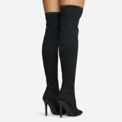 EGO Fierce Pointed Toe Stiletto Heel Over The Knee Thigh High Long Sock Boot In Black Ribbed Knit -EGO Sales 06 10 22 fw7678 copy