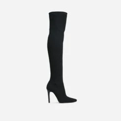 EGO Fierce Pointed Toe Stiletto Heel Over The Knee Thigh High Long Sock Boot In Black Ribbed Knit -EGO Sales 06 10 22 fw7679