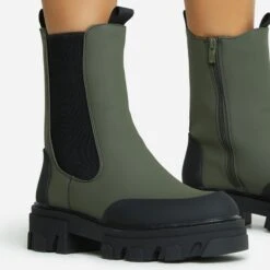 EGO Maddy Rubber Toe Detail Chunky Sole Ankle Chelsea Biker Boot In Green Matte Rubber -EGO Sales 06 10 22 fw7752 copy
